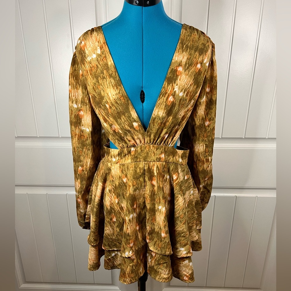 Luxxel Olive Green Floral Long-Sleeve Plunge Romper